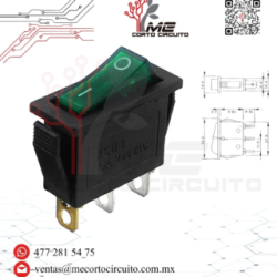 INTERRUPTOR CON PILOTO 3 PINES, 15A/250V – 20A/125V 30*13.5 MM VERDE